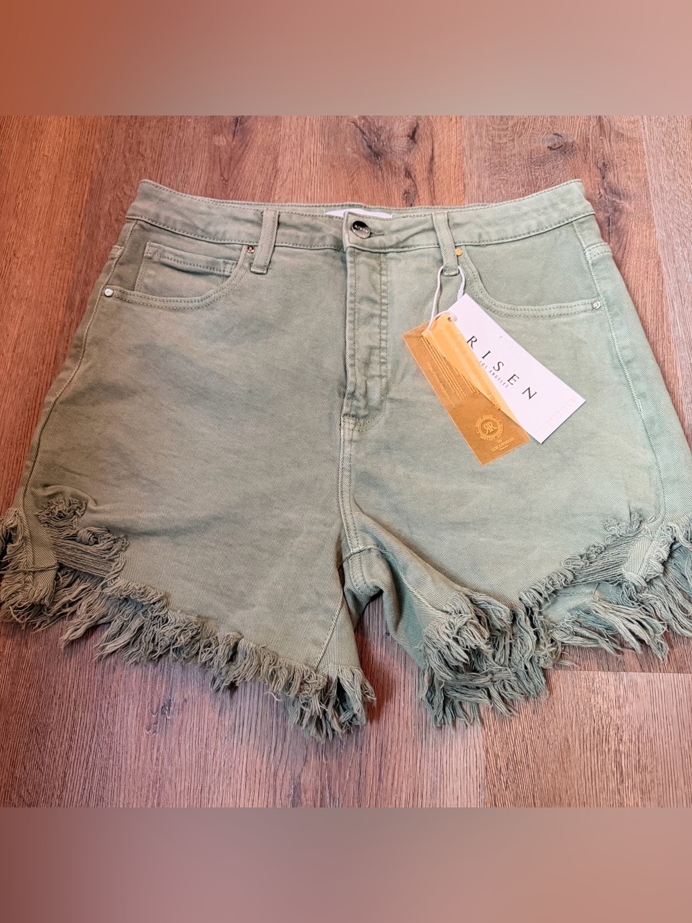 RISEN High-Rise Frayed Hem Jean Shorts in Sage Green